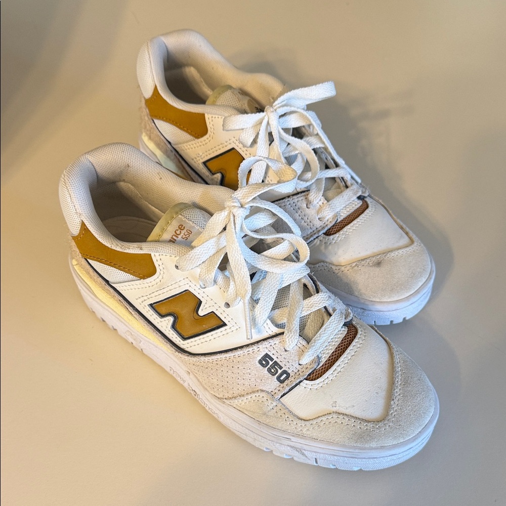 New Balance 550 White Sneakers with Mustard Yellow Accents